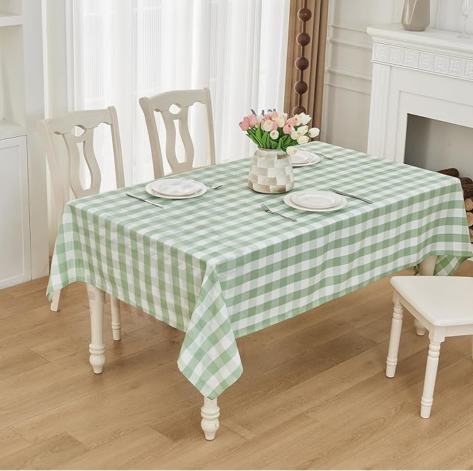BALCONY & FALCON Rectangle Gingham Table Cloth – Water-Resistant Cotton Blend, Spill-Proof & Washable Checkered Tablecloth for Kitchen, Dining, Picnic, Party (Green White, 57x118 Inch)
