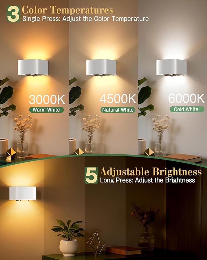 Wall Light Motion Sensor 2 Pack, Wall Sconces LED Indoor with Remote Control 3 Colors Brightness Adjustable 5000mAh Rechargeable Battery Powered Wall Lamps for Bedroom Living Room