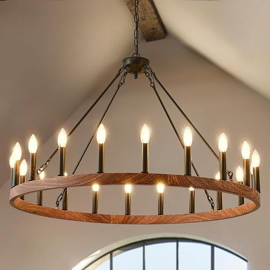 Wagon Wheel Chandelier 40" with Wood Grain Finish, 20-Light Farmhouse Wagon Wheel Chandelier for Dining Room, Modern Round Iron Candle Chandeliers Light for Living Room, Foyer, Entryway, E12
