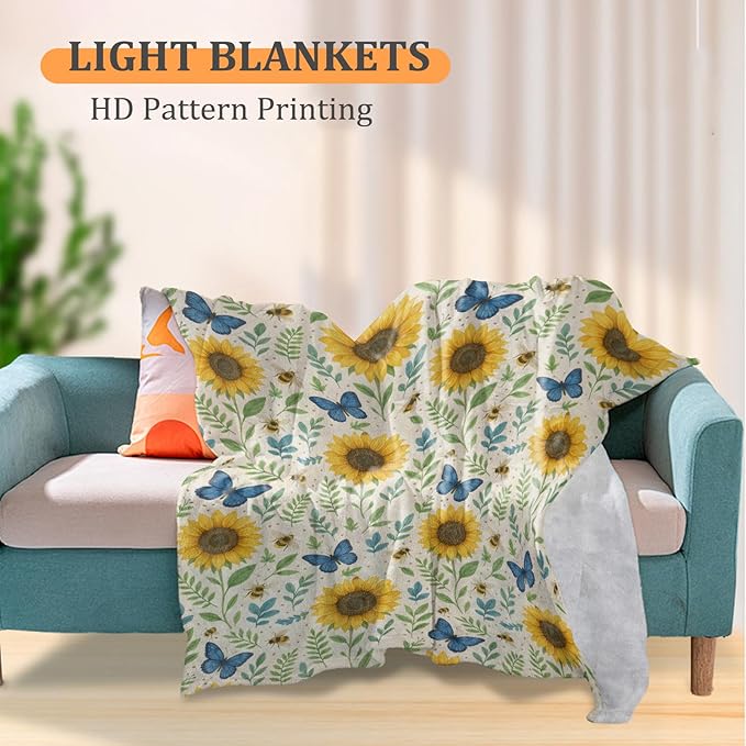 Charming Sunflower Blanket, Butterfly and Bee 50 x 40 Inch Flannel Throw Blanket, Gifts for Women Kids, Lightweight Cozy Warm Blankets for Sofa Travel Home Decor