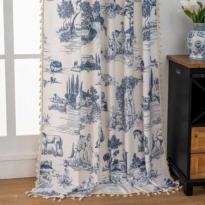 F-CHU Blue Vintage Curtains 72 Inches Long for Bedroom 2 Panels Semi Blackout Farmhouse Modern Pattern on Cream White Cotton Fabric Window Treatments Drapes for Bedroom 55" W x 72" L