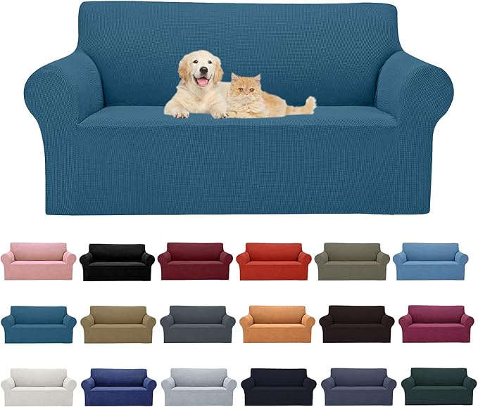 Cupuamon 2025 New Stretch Loveseat Sofa Slipcovers Couch Cover for 2 Cushion Furniture Protector Sofa Covers with Elastic Bottom Jacquard Fabric Small Checks for Pets, Kids - Peacock Blue