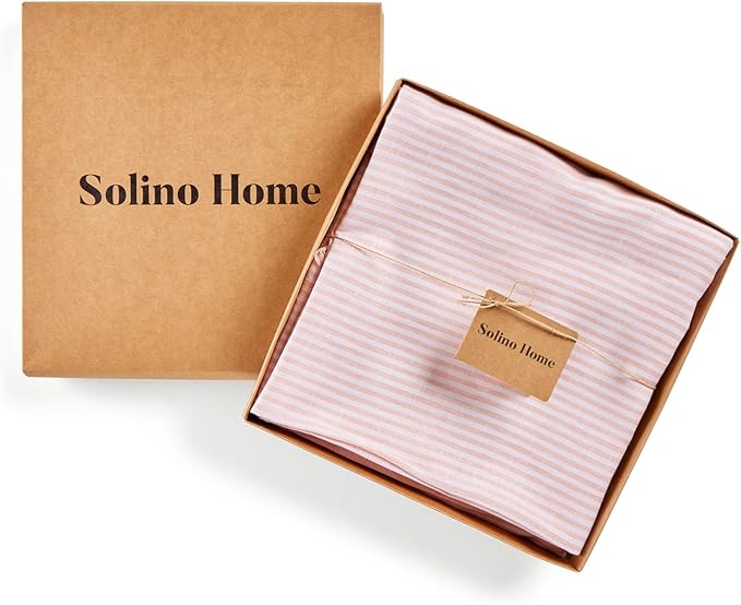 Solino Home Linen Tablecloth 60 x 108 Inch - Narrow Stripe 100% Pure Linen Peach and White Table Cloth for Rectangle Tables - Machine Washable Tablecloth