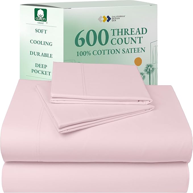 California Design Den California King Sheet Set - 100% Cotton, 600 Thread Count Deep Pocket Cal King Sheet Set, Luxury Soft Hotel-Quality Sheets with Sateen Weave - Blush Pink
