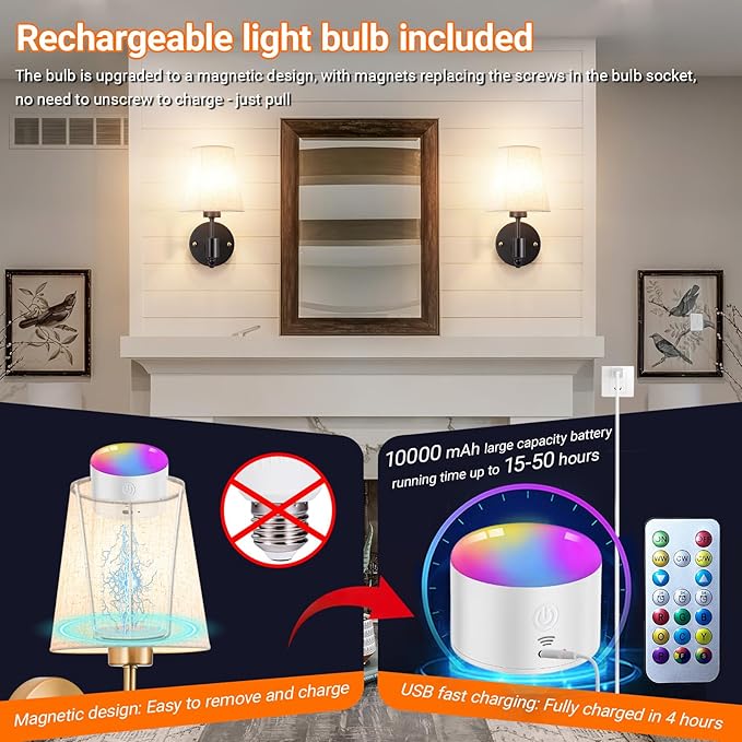 Battery Operated Wall Sconces Set of Two, Indoor Wireless Wall Mounted Lamp with 10000mAh Dimmable Bulb and Remote, RGB Colors Rechargeable Wall Light for Bedroom Living Room Decor