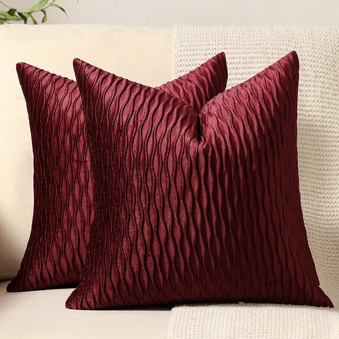 Burgundy 16 x 16 Inch Throw Pillow Covers: 2 Pack Inch Original Striped Velvet Square Decorative Pillow Cases for Farmhouse Couch