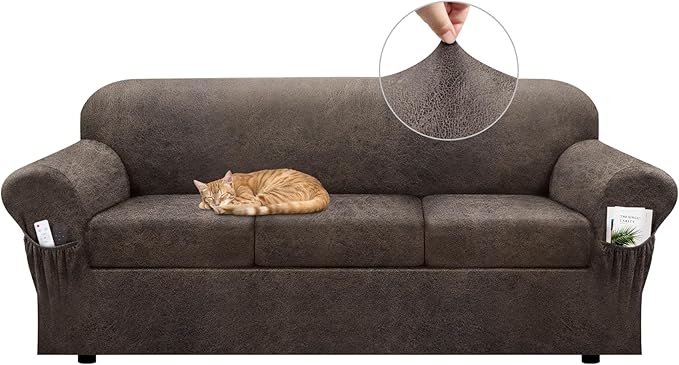 Sofa Slipcover with Armrest Pockets 4-Piece Set, Stretch Faux Leather Couch Cover for 3-Cushion Couches(Fits 72-92") - Non-Slip, Machine Washable, Pet & Kid Friendly - Light Brown