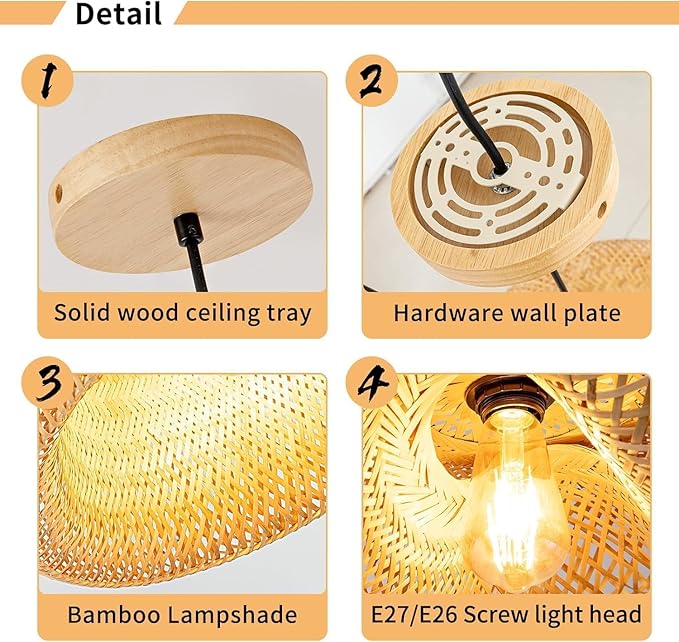 18inch Bamboo Rattan Pendant Lights, Hand-Woven Wicker Boho Hanging Ceiling Lights Fixture, Beige Pendant Lamp Rustic Farmhouse Chandelier for Kitchen Island, Dining Room, Bedroom, Living Room