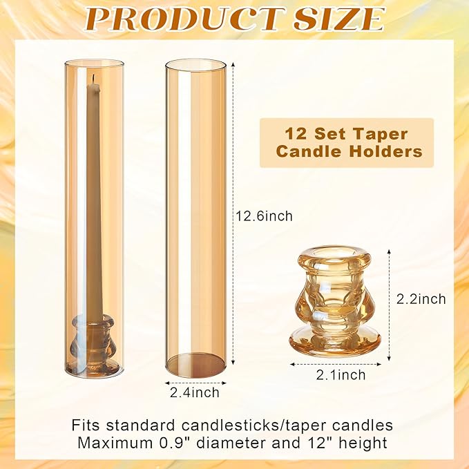 12 Set Christmas Glass Hurricane Candle Holders 12.6" Open Ended Glass Candleholder Tube Shape Bottomless and 2.2" Taper Clear Candlestick Holders for Wedding Party Table Centerpiece (Amber)