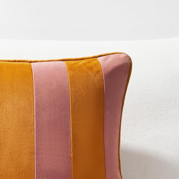 MONDAY MOOSE Decorative Throw Pillow Covers Cushion Cases, Set of 2 Soft Velvet Striped Piping Edge Designs, Pillow Inserts Not Included (Pink/Honey, 18x18 inch)