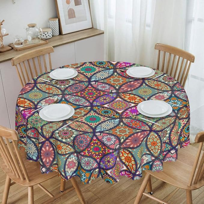 Mexican Ceramic Round Tablecloth, Colorful Talavera Tile Mandala Traditianal Boho Water Resisitant Wipeable Table Cover for Dining Kitchen Living Room Home Party Holiday Decor 36 inch Round