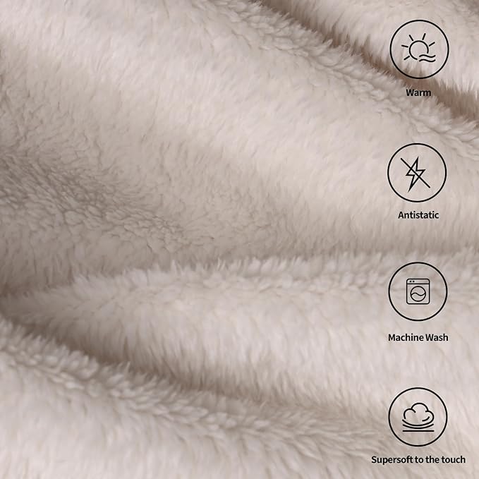 Plush Fleece Throw Blanket for Couch and Bed, Fluffy Fuzzy Cozy Queen-Size Soft Blankets All Season Use (60x80 Inches,Beige)