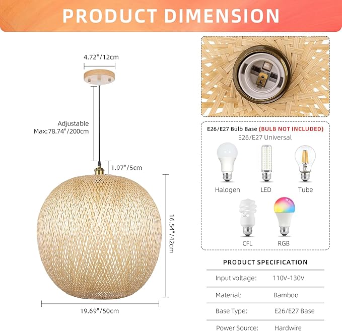 Arturesthome 1 Light Natural Bamboo Pendant Lamp, Round Hanging Ceiling Light Wicker Chandelier, Hand-Woven Boho Basket Lampshade for Kitchen Island Living Room