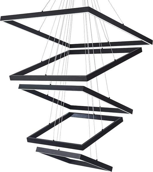 Square Led Chandelier Modern Hanging Light 5-Rings Contemporary Ceiling Pendant Light Dimmable Pendant Light for Living Room Kitchen Dining Room 15.7"+19.6"+23.6"+27.5"+31.4" Black 110V 180W
