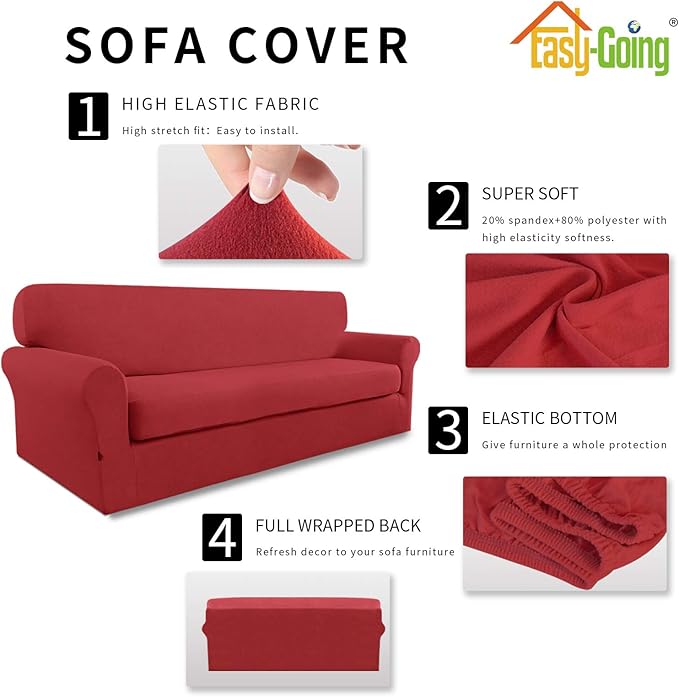 Easy-Going 2 Pieces Microfiber Stretch Sofa Slipcover – Spandex Soft Fitted Sofa Couch Cover, Washable Furniture Protector with Elastic Bottom Kids,Pet (Sofa, Christmas Red)