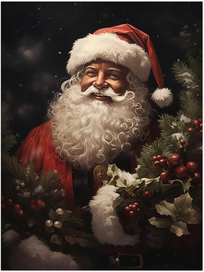 African American Santa Wall Art Print,Vintage Black Santa With Wreaths Prints,Christmas Prints,Christmas Wall Decor