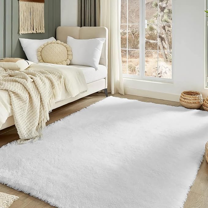 Floralux 5x7 Area Rugs for Living Room, White Shag Rug for Bedroom, Ultra Soft High-Pile Plush Indoor Carpets for Living Room, Playroom, Nursery