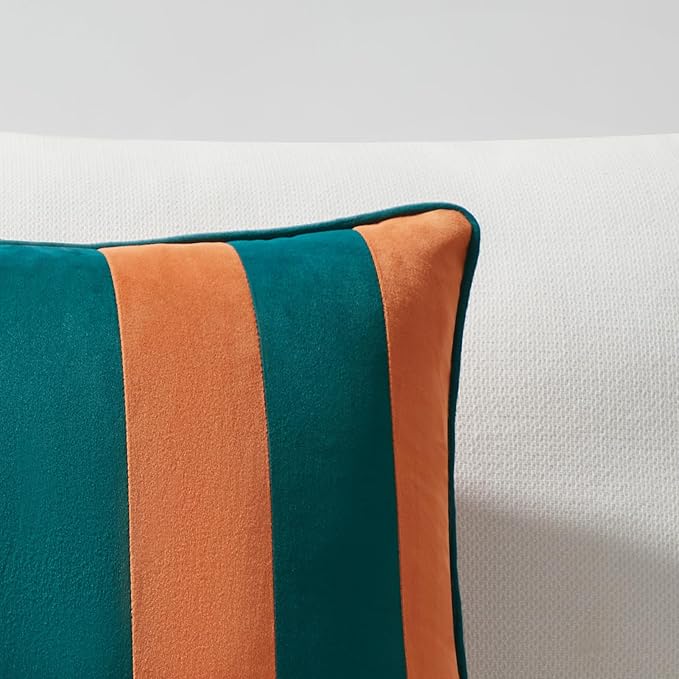 MONDAY MOOSE Decorative Throw Pillow Covers Cushion Cases, Set of 2 Soft Velvet Striped Piping Edge Designs, Pillow Inserts Not Included (Coral/Dark Teal, 16x16 inch)