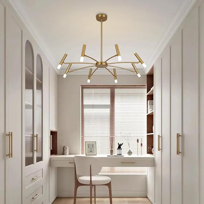 KCO Lighting Contemporary 8 Lights LED Chandeliers Brushed Brass Living Room Light Fixture Gold Sputnik Flush Mount Ceiling Light Fixture Small Modern Ceiling Lamp for Bedroom