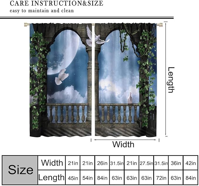 Gothic Castle Arch Blackout Curtains, Mid Century Balcony and Doves Vintage Style Rod Pocket Window Drapes, for Living Room Bedroom 21(W)*63(L) 2 Panels
