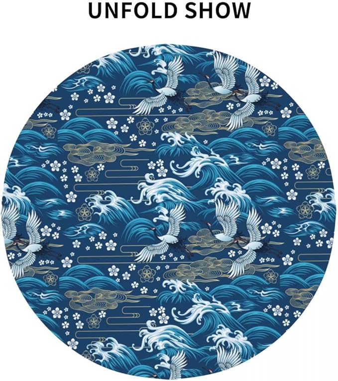 Japanese Tablecloth, Blue Traditioanal Chinese Landscape Great Waves Oriental Vintage Cherry Blossom Water Resisitant Table Cover for Dining Kitchen Living Room Home Party Holiday Decor 70 inch Round