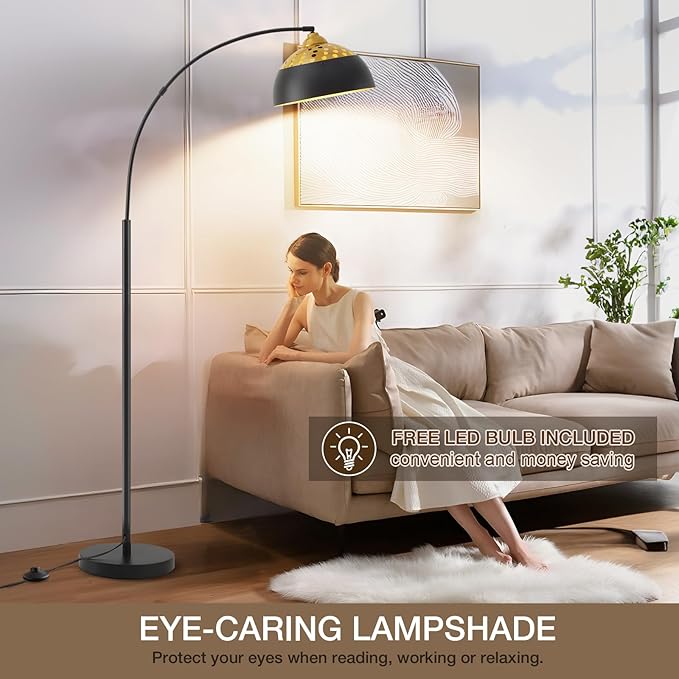 Luvkczc Arc Floor Lamps for Living Room, Black Standing Lamp with Adjustable Hanging Metal Hollow Shade, 71" Tall Pole Lamp with Foot Switch, Over Couch Arched Reading Light for Bedroom, Office