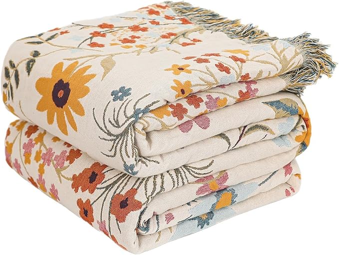 Boho Throw Blanket for Bed Cotton Blankets Twin Size for Bedroom Living Room All Season Lightweight Floral Embroidery Quilt for Couch Sofa Chair 60"x80"