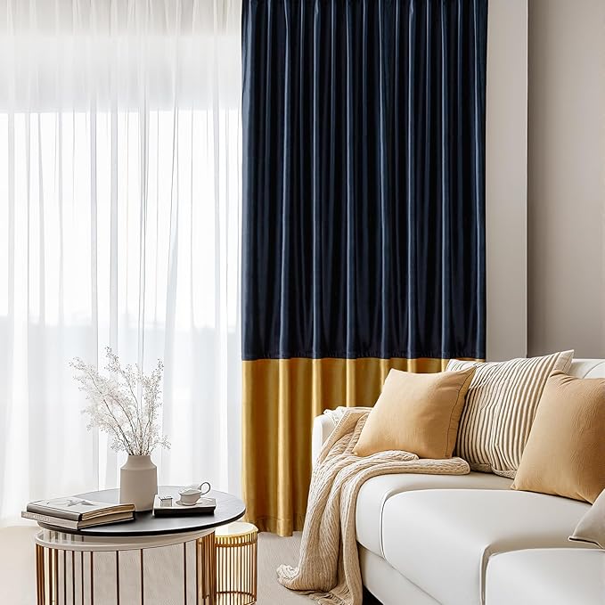 Velvet Curtains for Living Room Navy Blue Gold 63 inches Long,2 Panels Blackout Curtains Modern Color Block Back Tab Rod Pocket Soundproof Drapes for Bedroom Window Decor