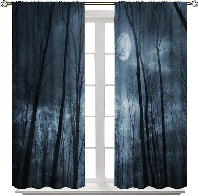 Forest Moon Gothic Blackout Curtains, Black Nature Tree Scenery Foggy Woodland Landscape Art Printed Window Drapes, for Living Room Bedroom 27.5(W)*63(L) 2 Panels