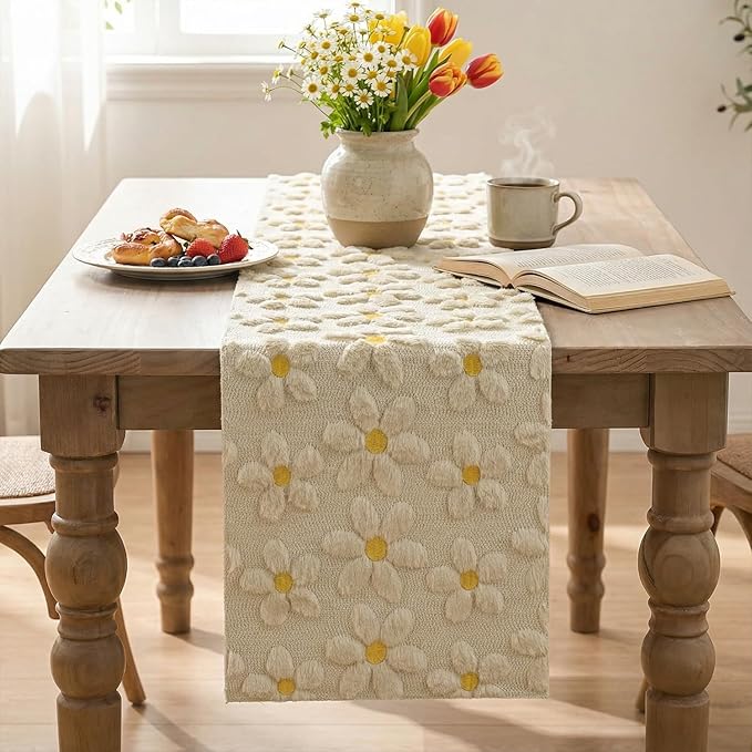 Artoid Mode Beige Soft Plush Faux Fur Jacquard Embroidery Daisy Spring Table Runner, Kitchen Dining Table Decoration for Home Party Decor 13x108 Inch