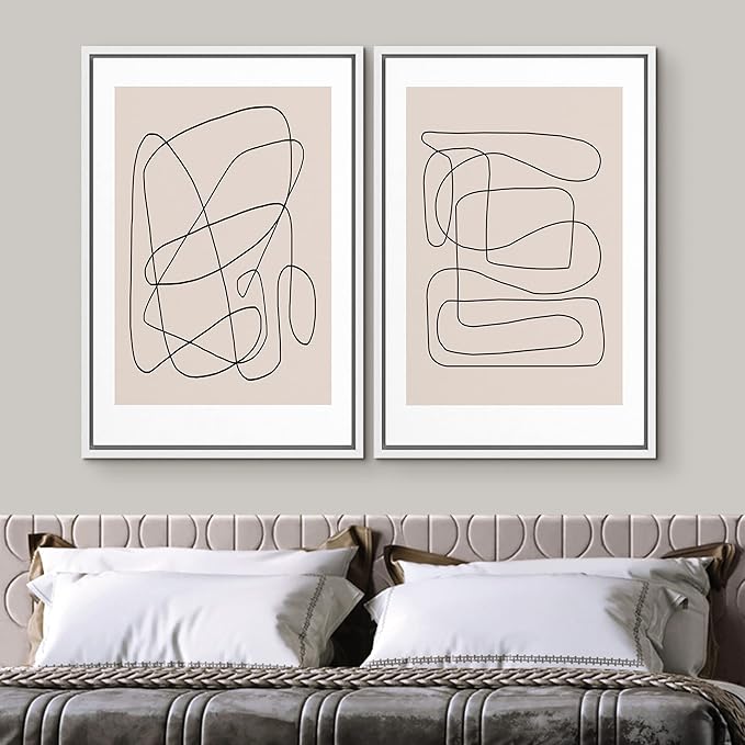 SIGNWIN Framed Wall Art Print Set Line Art Thin Lines Over Plain Tan Background Abstract Swirly Digital Art Modern Art Mid-Century Modern Expressive for Living Room, Bedroom, Office - 24"x36"x2 White