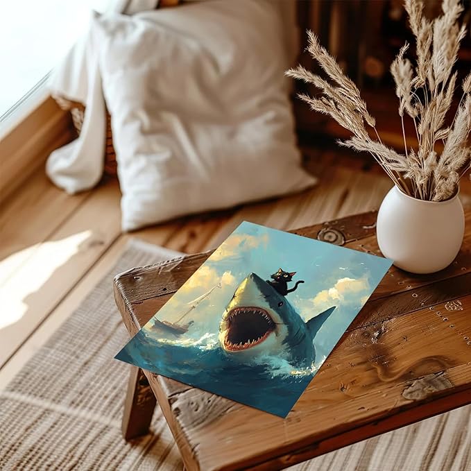 XOCUUI Cat Riding Shark Canvas Funny Cat Canvas Animal Decor Funny Shark Picture Coastal Theme Artwork Animal Prints Abstract Fish Picture Black cat Painting For Lover 8x10 - Unframed