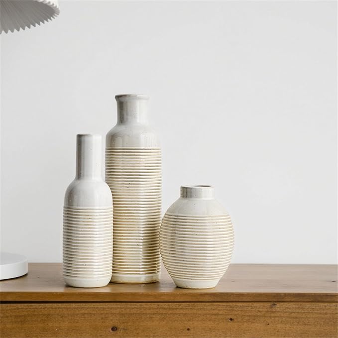 AWNR Small Vases Set of 3 for Flowers ，Rustic Farmhouse Decor，Unique White Ceramic Vase Home Decorations for Modern Home ，Living Room，Entryway Table,Farmhouse