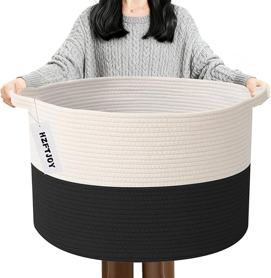 Large Blanket Basket for Organizing,115L Closet Organizers and Storage Bins Box for Shelves Woven Rope Storage Baskets,Living Room,Bedroom,Dorm,Laundry room (White&Black)