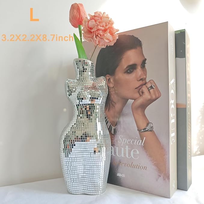 8.8 Inch Modern Chic Vase for Decor, Handmade Silver Disco Creative Boho Decor for Home,Table, Bathroom, Curve Art Body Flower Vase, 3.2x2.2x8.8 inches
