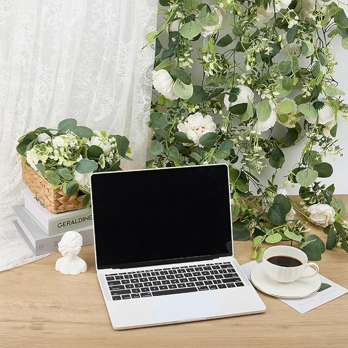 6Pcs x 6Ft Eucalyptus Garland with Flowers, Faux Greenery Garland Vines, Artificial Flower Garlands for Wedding Table Backdrop Arch Wall Party Ceremony Decorations
