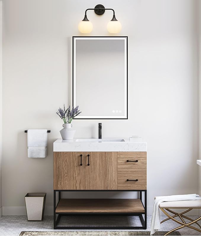 PERMO Double Sconce Black Vintage Vanity Light 2-Light Wall Sconces with White Ribbed Globe Glass Shade Hardwired Wall Light Fixture for Bathroom Mirror Cabinets Hallway Stairs