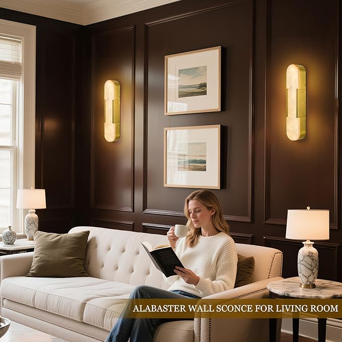 Alabaster Wall Sconce, 20" Natural Marble Wall Sconce, Brass Alabaster Sconces Set of Two, Indoor Modern Bathroom Sconces Wall Lighting for Living Room, Bedroom, Hallway, Stairs