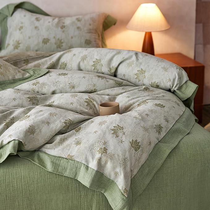 mixinni Yarn-Dyed Jacquard Duvet Cover Queen, Green Botanical Leaf Print 3-Piece Bedding Set with Wide Edge Piping, Soft Breathable Double Layer Gauze for All Seasons (1 Duvet Cover + 2 Pillowcases)