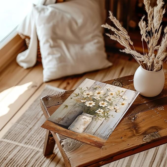 XOCUUI Vintage Canvas Wall Art, Modern Gallery Decor Print White Daisy Flower With Leaf In Bottle Theme Picture Artwork For Walls Ready for Kitchen Bedroom Decor Size 8x10