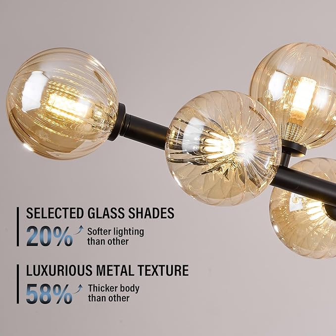 50 Inch Large Sputnik Globe Chandelier, 12-Light Mid Century Modern Light Fixture Over Table, Black Linear Chandeliers for Dining Room Kitchen Island Living (Amber Glass Bubble Shades)