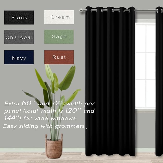 KOUFALL 100% Blackout Curtains Extra Wide and Long,Set of 2 Panels 72x90 72 x 90 Total Width 144 Inch Black Grommet Dark Academia Curtains for Living Room