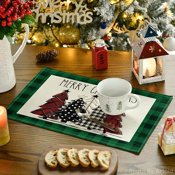 Artoid Mode Waterclor Green Buffalo Plaid Christmas Trees Placemats Set of 4, 12x18 Inch Winter Table Mats for Outdoor Home Party Kitchen Dining Decor