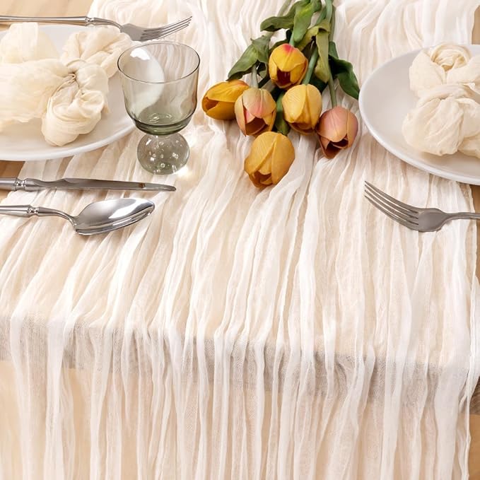 MLMC 8 Pack Ivory White Table Runner Rustic Gauze Cheesecloth Table Runner 10ft Cheese Cloth Cenerpiece 35x120 Inches for Dessert Anniversary Wedding Bridal Baby Shower Decor