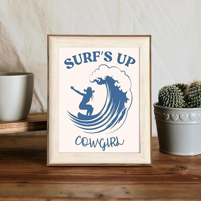 Blue Coastal Cowgirl Surfer Girl Canvas Posters Unframed, Beachy Preppy Aesthetic Room Decor Pictures, Beachy Preppy Aesthetic Room Decor Pictures For Teen Girl Dorm Apartment Decoration - 8" X 10"