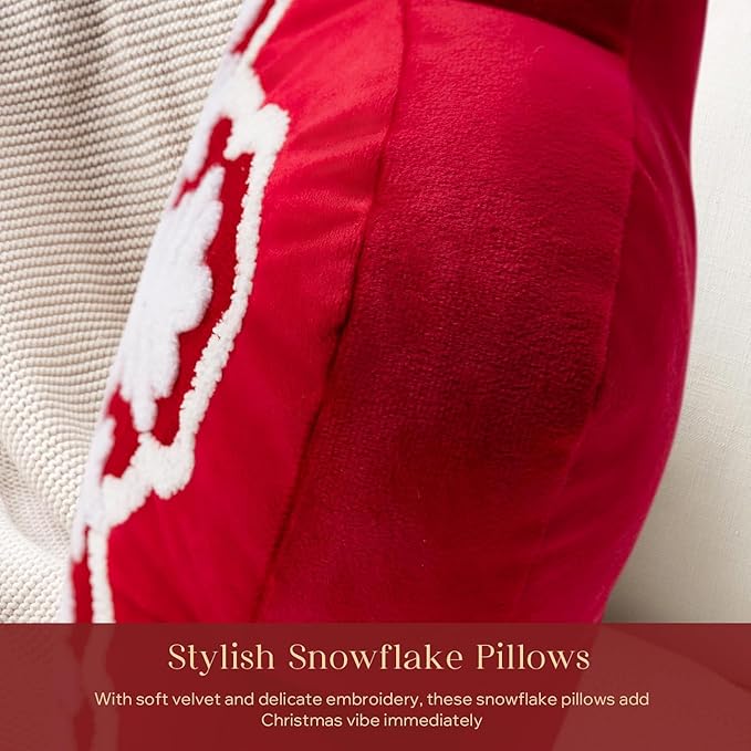 Phantoscope Merry Christmas Snowflake Shaped Throw Pillow, Velvet Xmas Embroidered Snowflake Pillow Decorative Christmas Cushion Pillow for Couch Living Room, Red, 16 x 16 inches