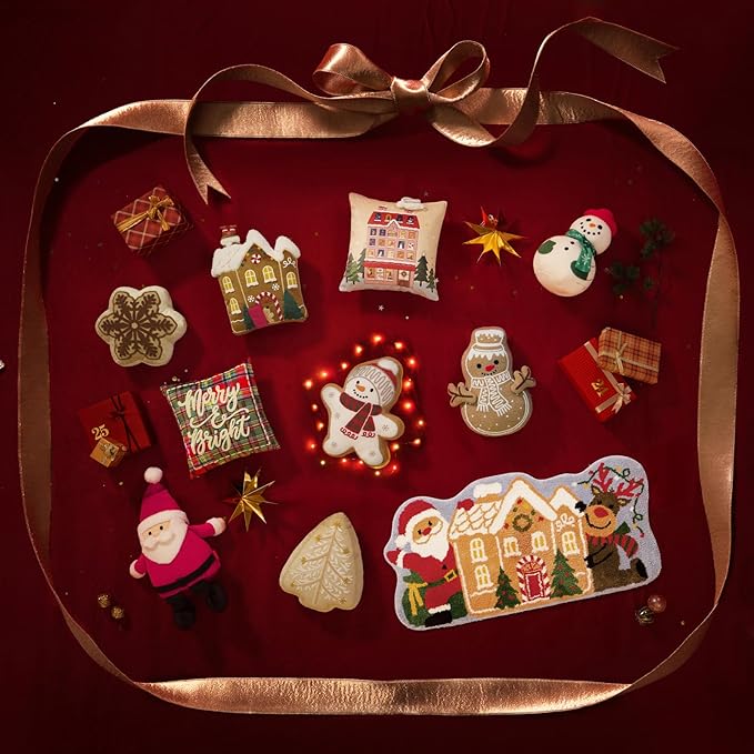 Phantoscope Gingerbread Series House Merry Christmas Throw Pillow, Velvet Christmas Shaped Pillow with Faux Fur Roof & 3D Santa Claus Decorative Xmas Pillow for Couch, Brown, 17.5 x 16in