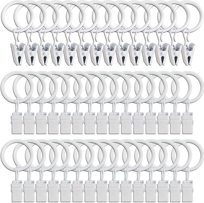 44 Pack Curtain Rings with Clips, Curtain Clip Rings Hooks, Bow Hanger Clips for Hanging Drapery Drapes Bows, Ring 1 inch Interior Diameter, Fits up to 5/8" Rod, White