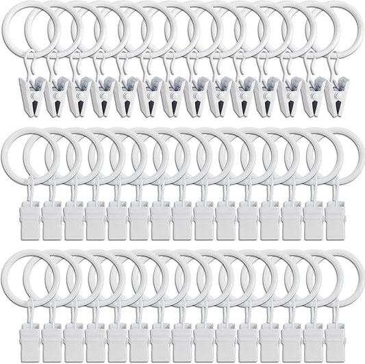 44 Pack Curtain Rings with Clips, Curtain Clip Rings Hooks, Bow Hanger Clips for Hanging Drapery Drapes Bows, Ring 1 inch Interior Diameter, Fits up to 5/8" Rod, White