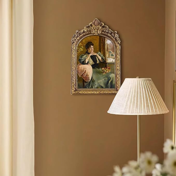 FOLKOR Vintage Framed Wall Art for Bedroom Dining Room Decor, Pensive Women Near a Window Portrait, Classical Canvas Prints with Arched Picture Frame for Home Office Living Room Decoration, 5x7